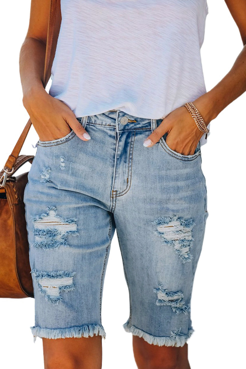 Light Blue Distressed Ripped Denim Bermuda Shorts