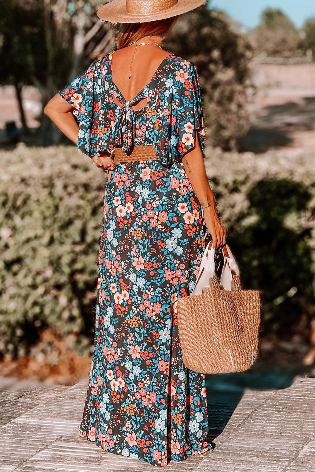 Sky Blue Boho Floral Print Knotted Backless Maxi Dress