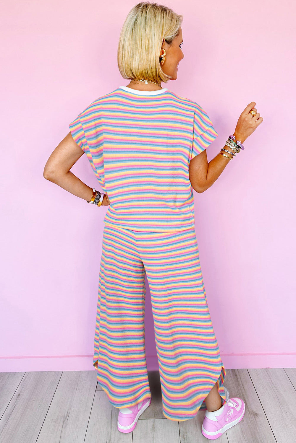 Pink Stripe Rainbow Tee and Tassel Drawstring Wide Leg Pants Set