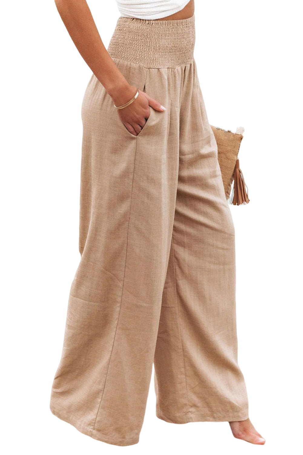 Gray Smocked Wide Waistband High Waist Wide Leg Pants