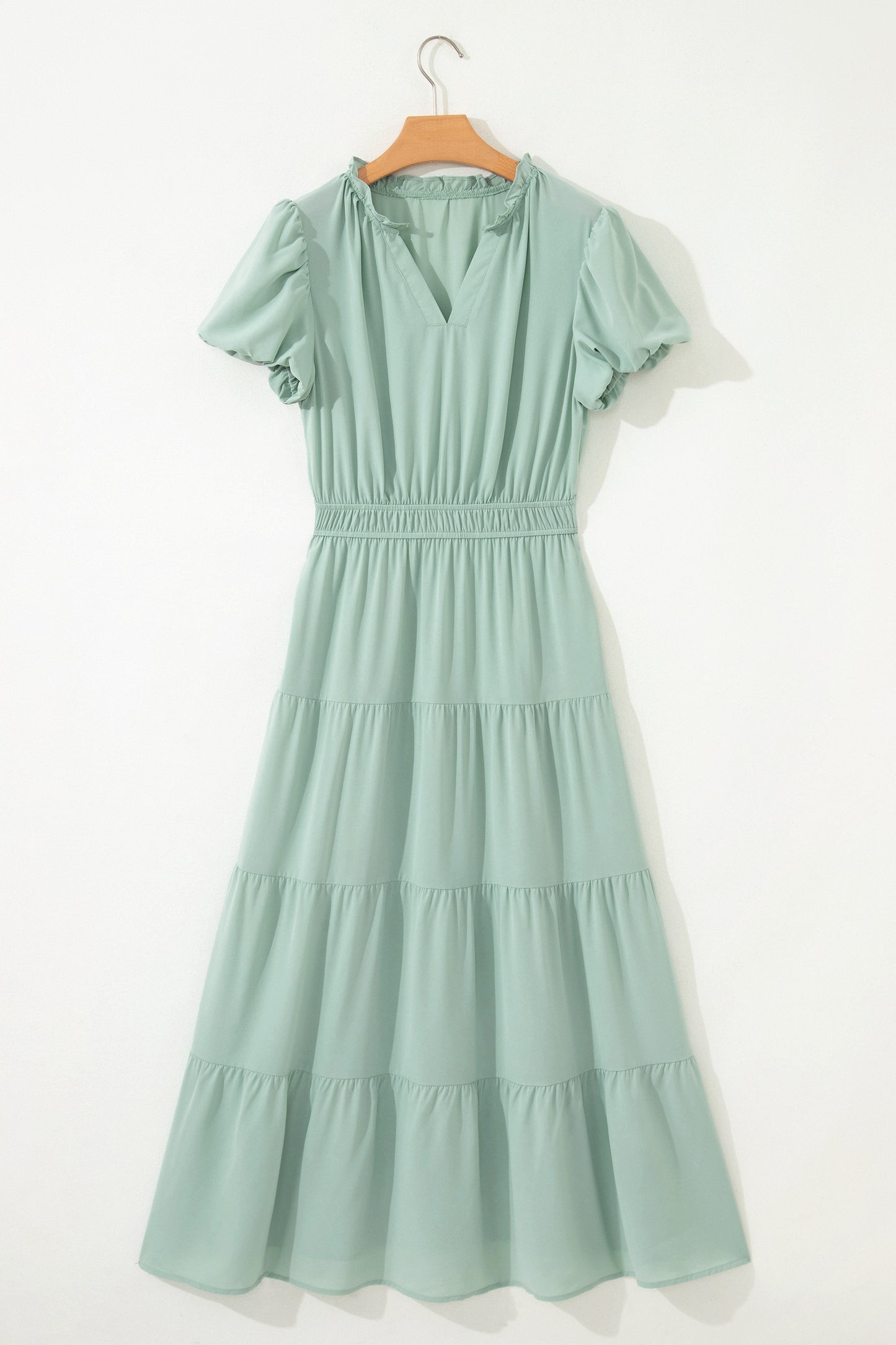 Lavendula Solid Color V Neck Short Puff Sleeve High Waist Tiered Maxi Dress