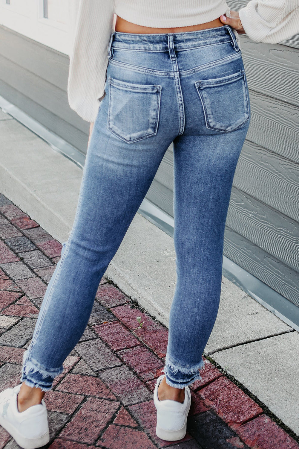 Light Blue Ripped Fringe Crop Skinny Jeans