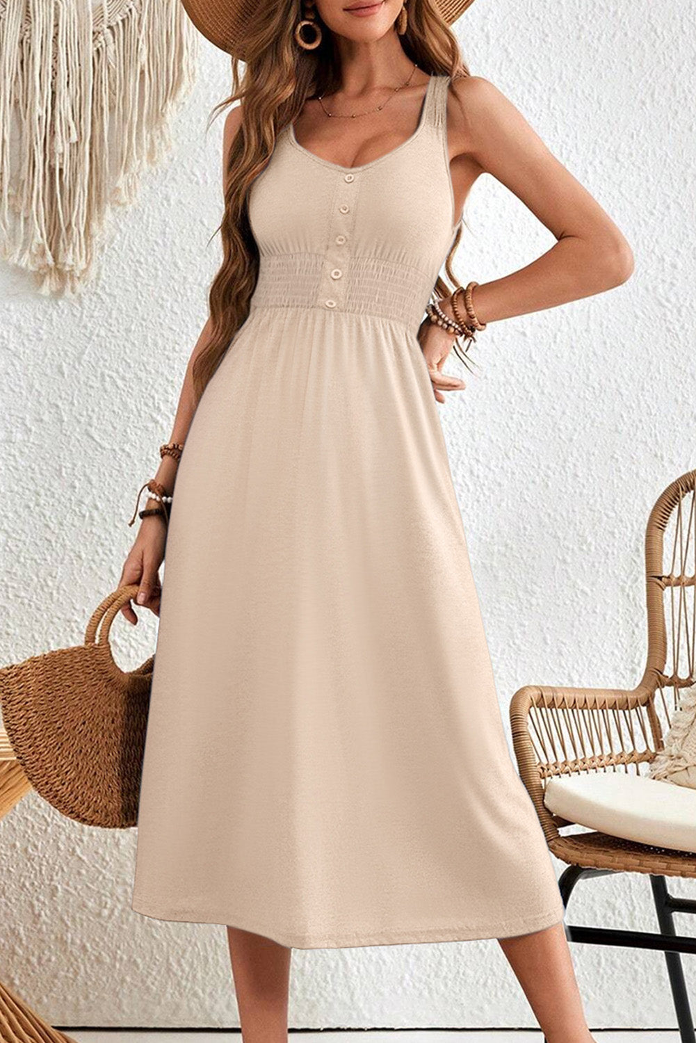 Black Button Shirred High Waist Sleeveless Midi Dress