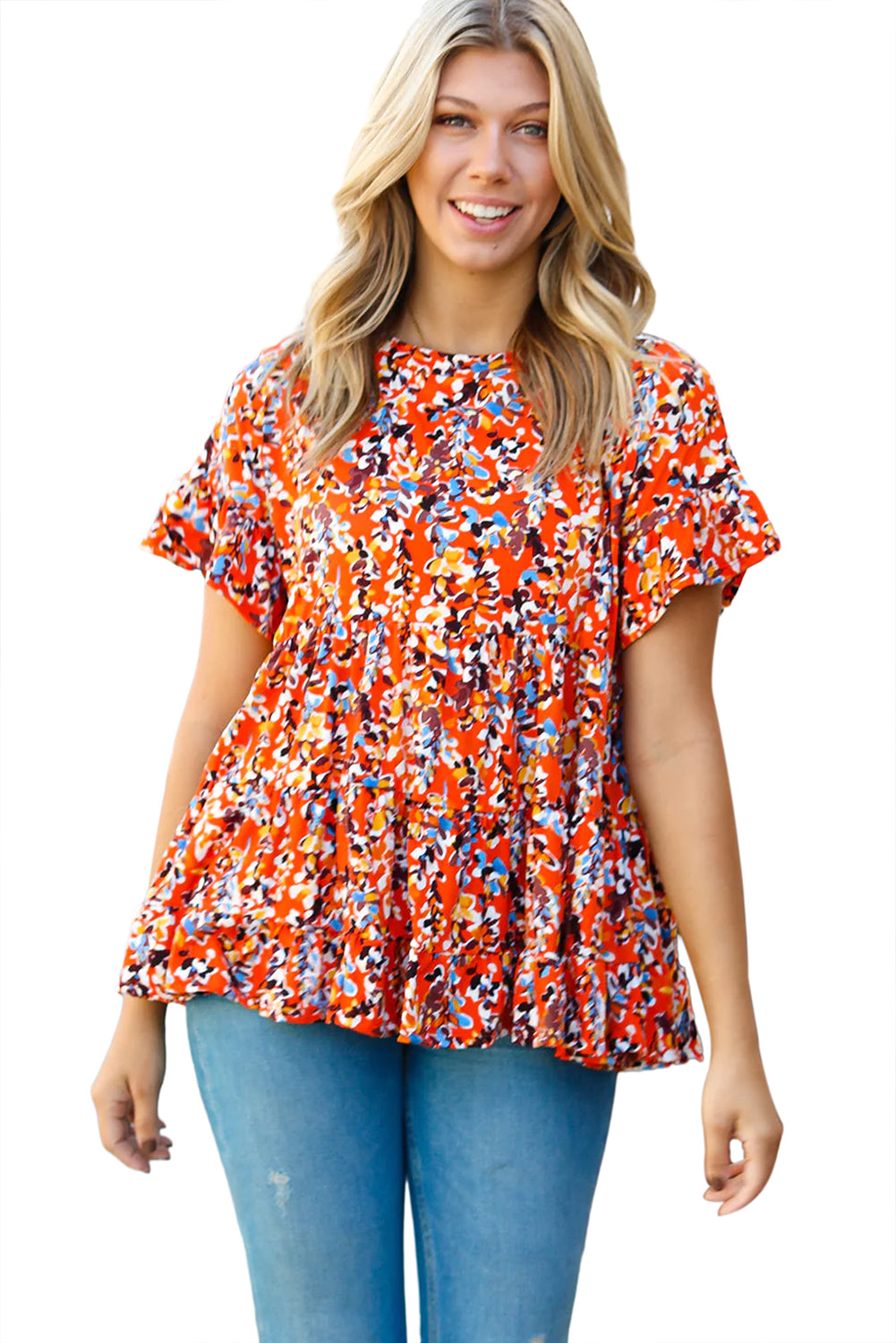 Orange Floral Printed Ruffle Sleeve Plus Size Babydoll Blouse