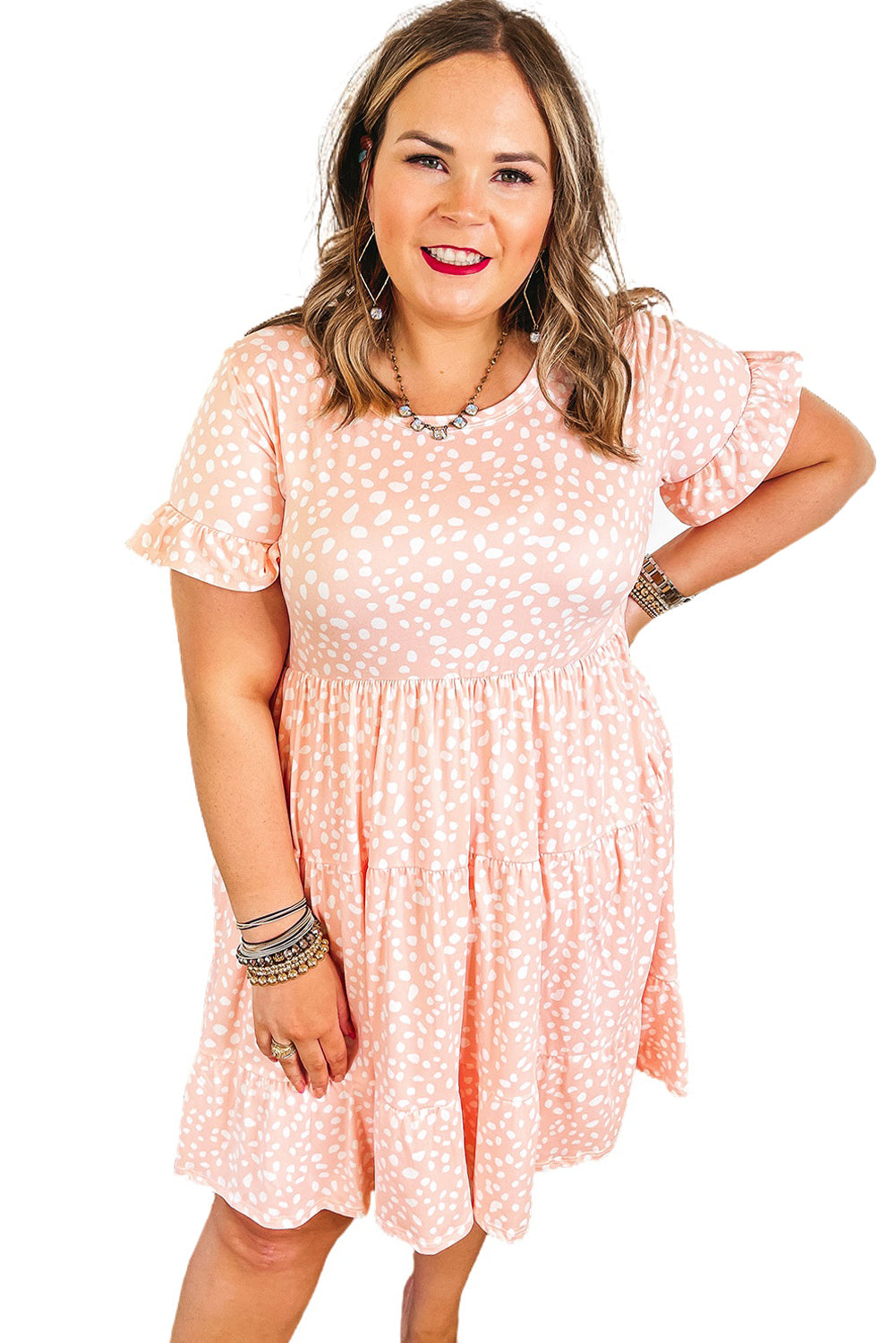 Pink Leopard Print High Waist Ruffle Sleeve Plus Size Dress