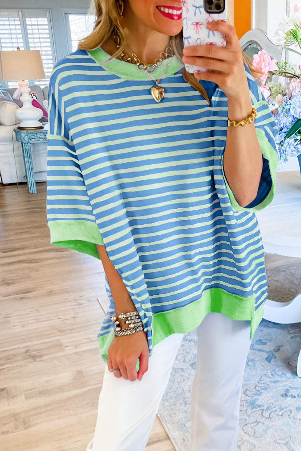 Pink Stripe Colorblock Drop Sleeve Oversized T Shirt