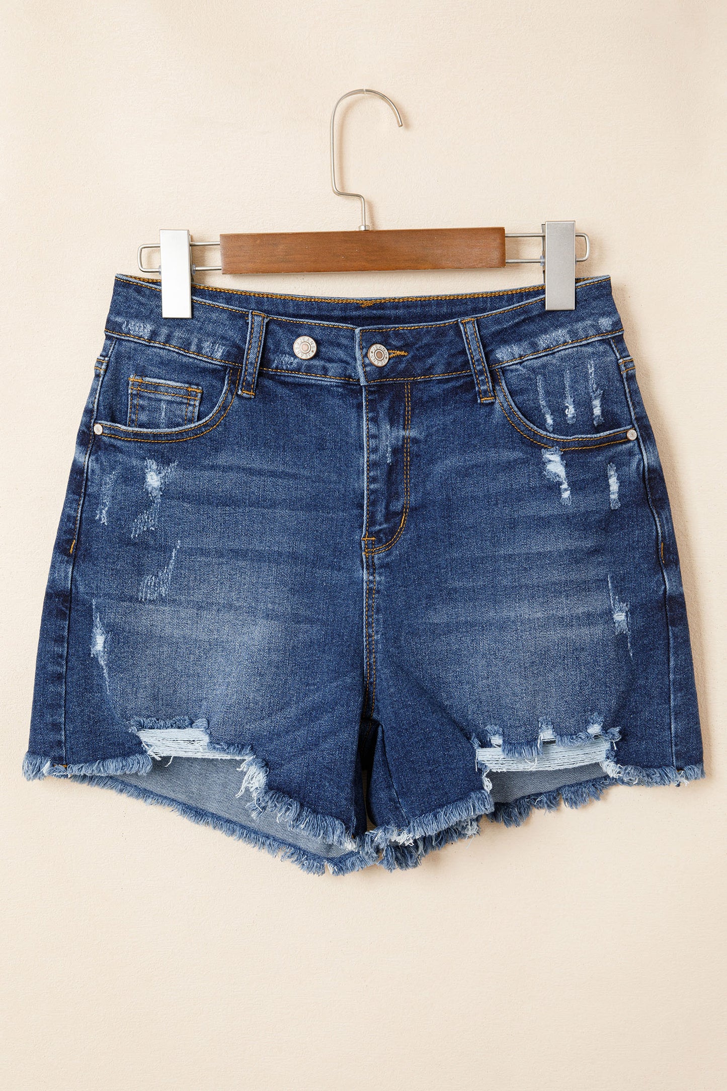Beau Blue Asymmetric Raw Hem Distressed Whiskery Denim Shorts