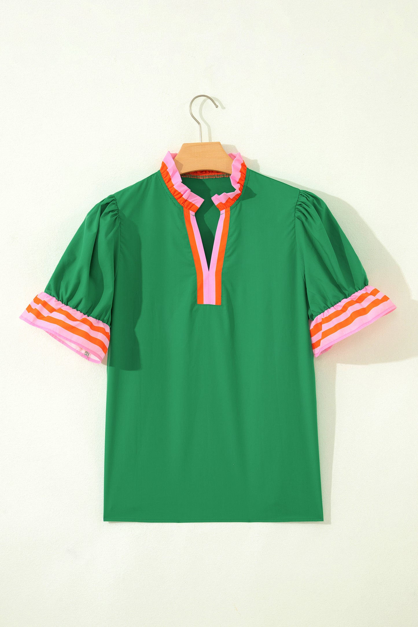 Fiery Red Striped Frilled Collar Ruffled Short Sleeve Blouse