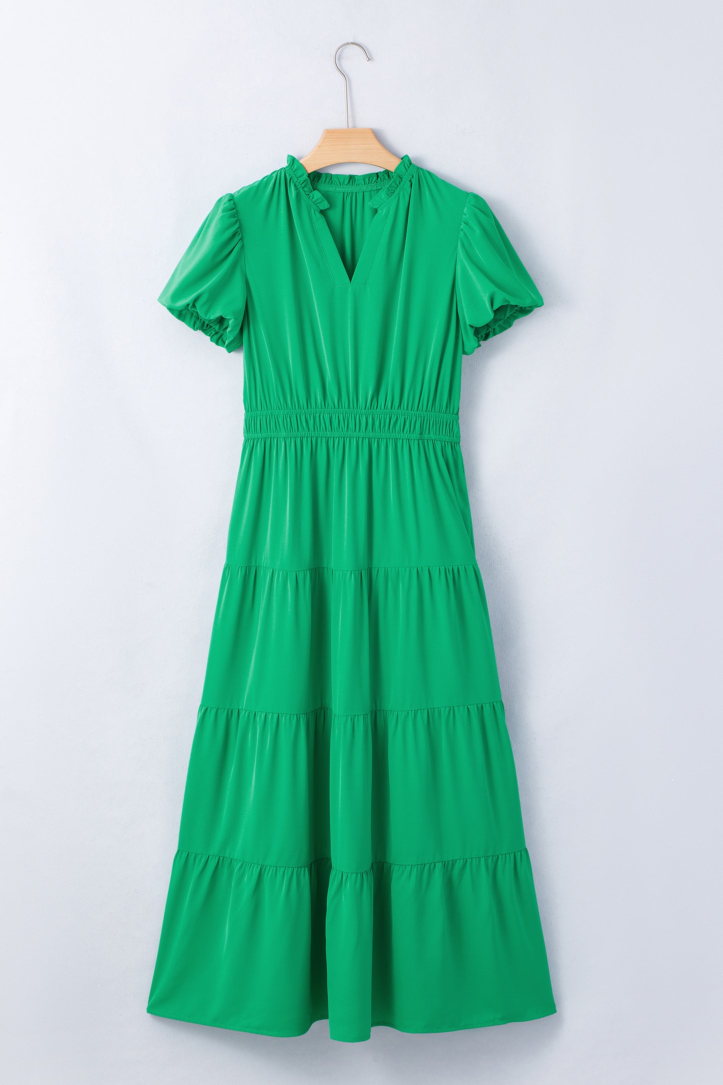 Lavendula Solid Color V Neck Short Puff Sleeve High Waist Tiered Maxi Dress