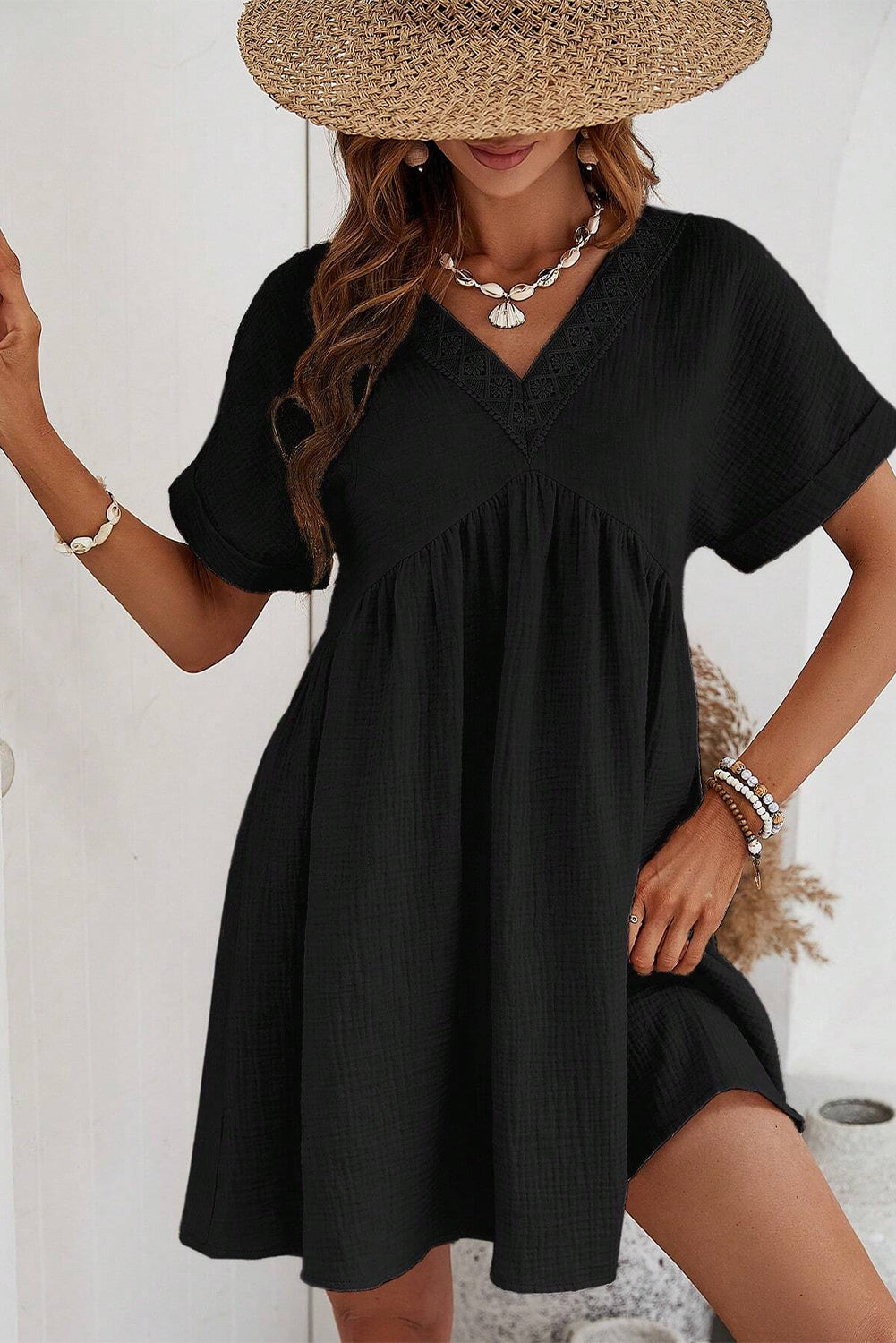 Wholesale Black Folded Short Sleeve Lace V Neck Mini Dress