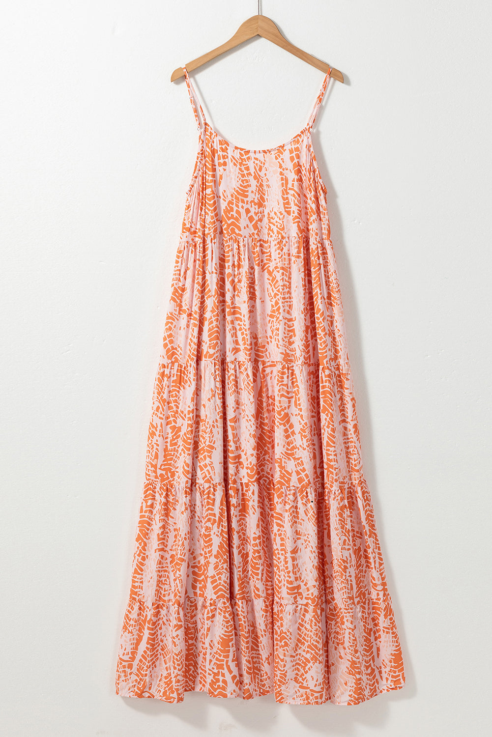 Orange Abstract Print Backless Tiered Maxi Dress