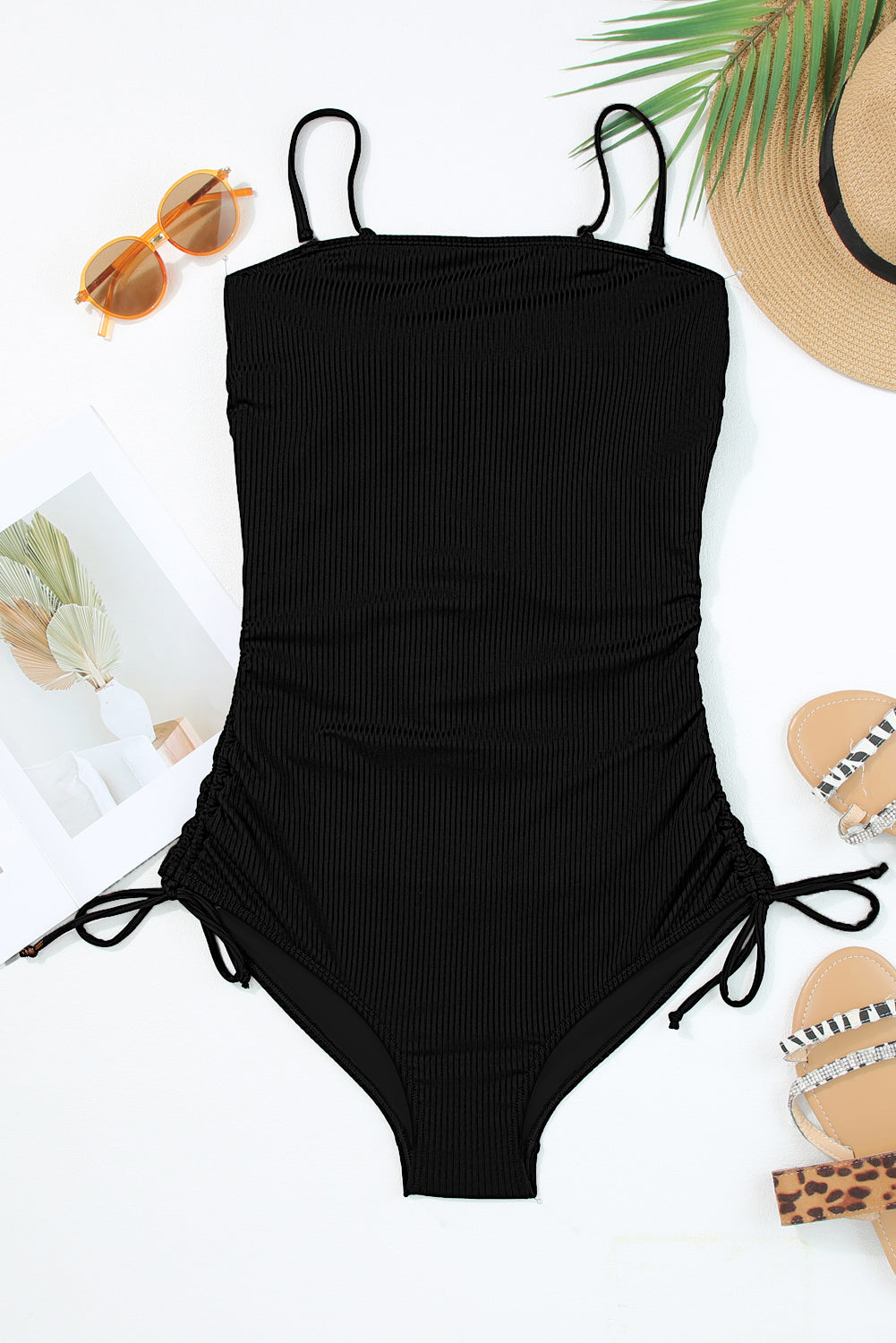 Navy Blue Side Drawstring Cutout Ribbed One Piece Swimsuit