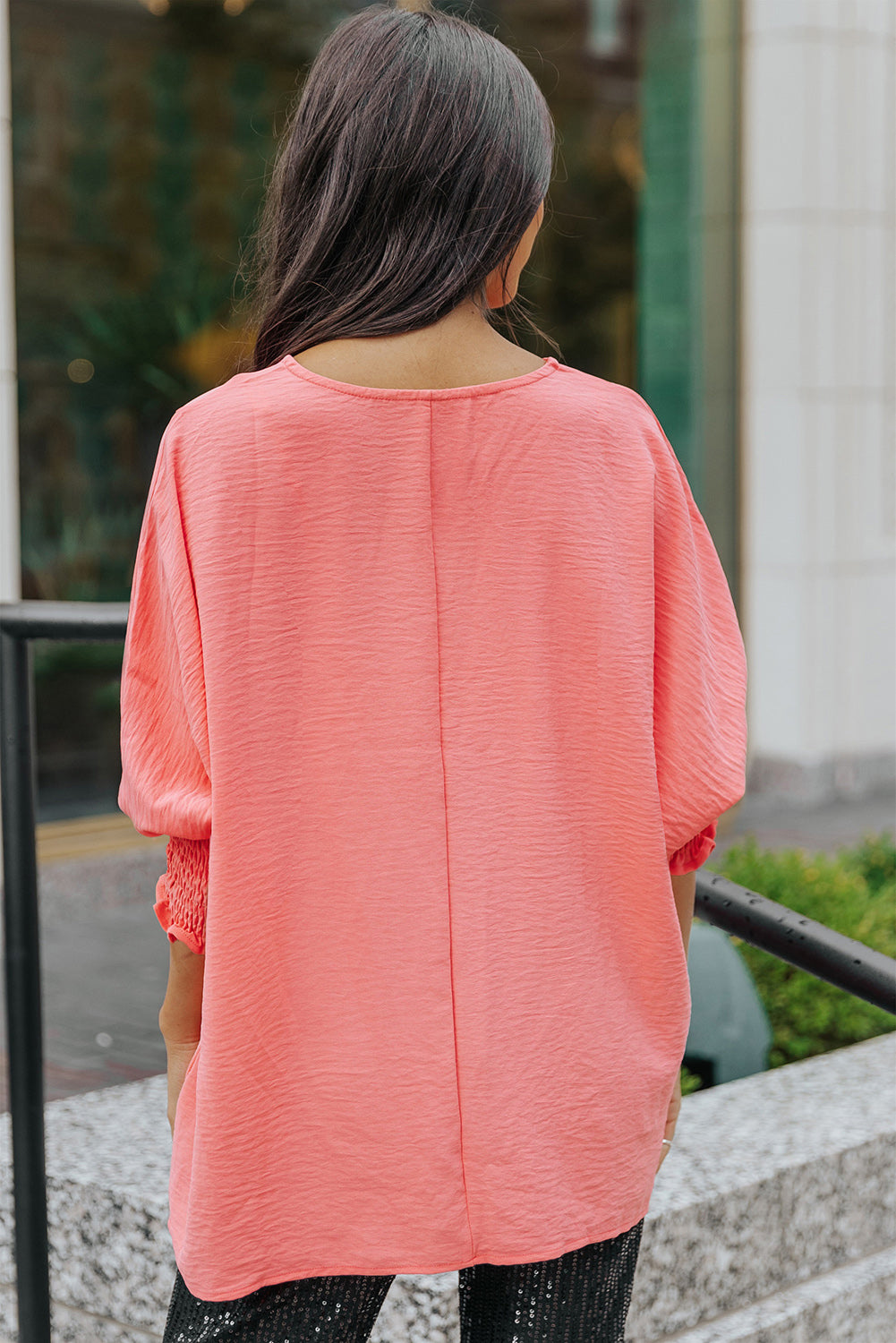 Pink Casual Shirred Cuffs Half Sleeve Top