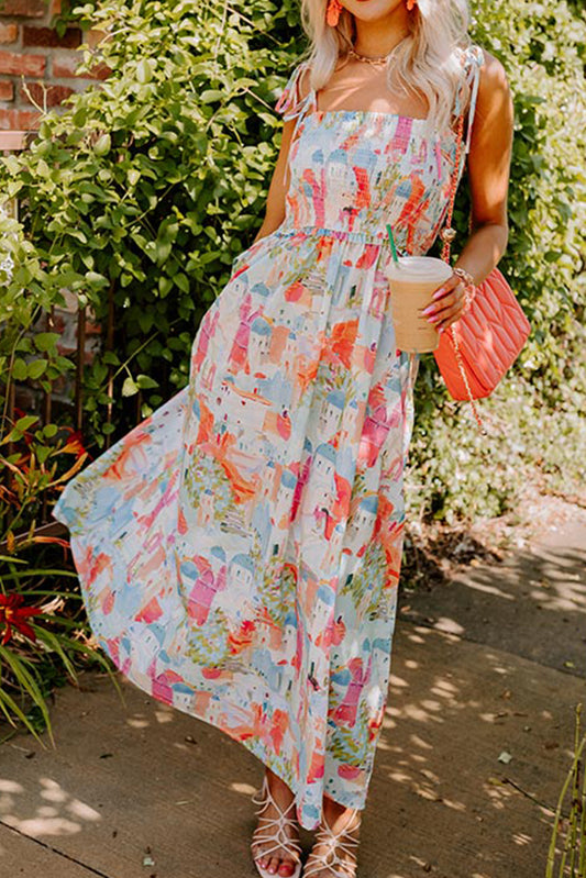 White Fairy Town Print Smocked Flowy Sundress