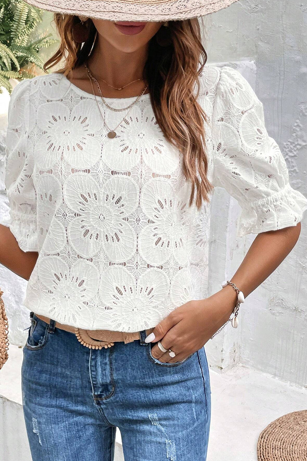 White Flower Eyelet Jacquard Keyhole Puff Sleeve Blouse