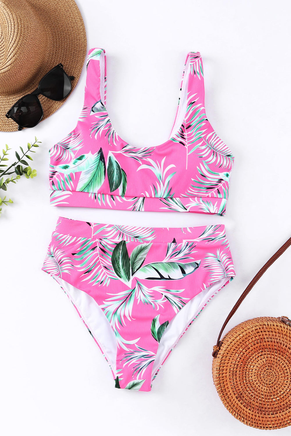 Rose Tropical Scoop Neck Ribbed High Waist Bikini Set