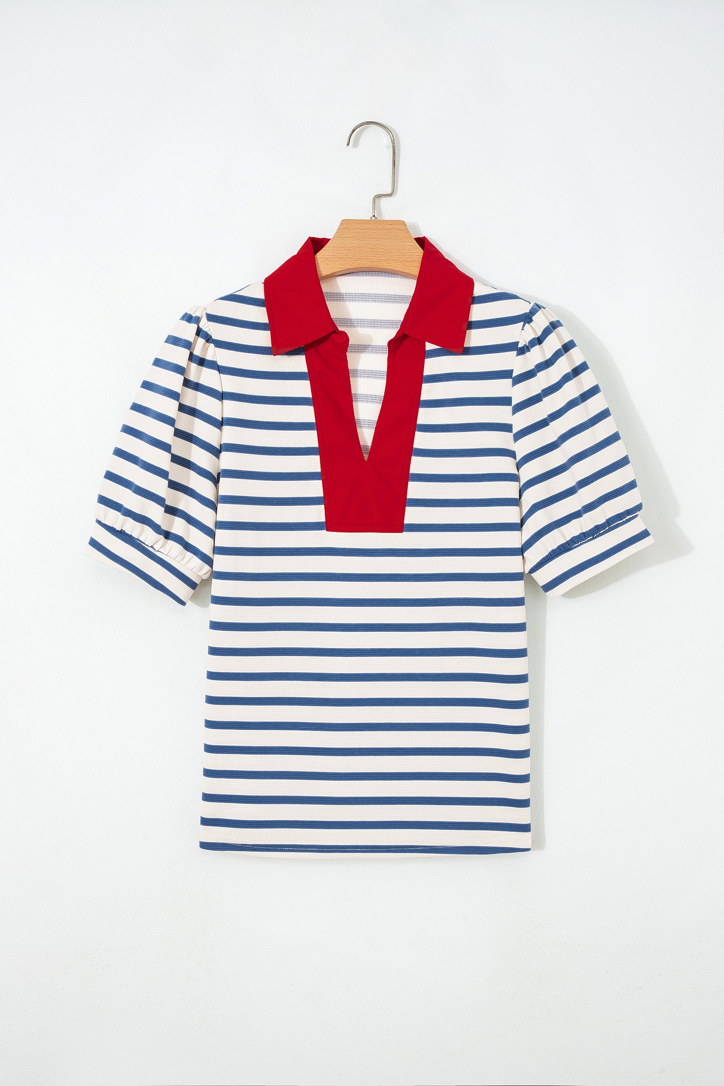 Black Stripe Short Puff Sleeve Color Block Polo Collar Blouse