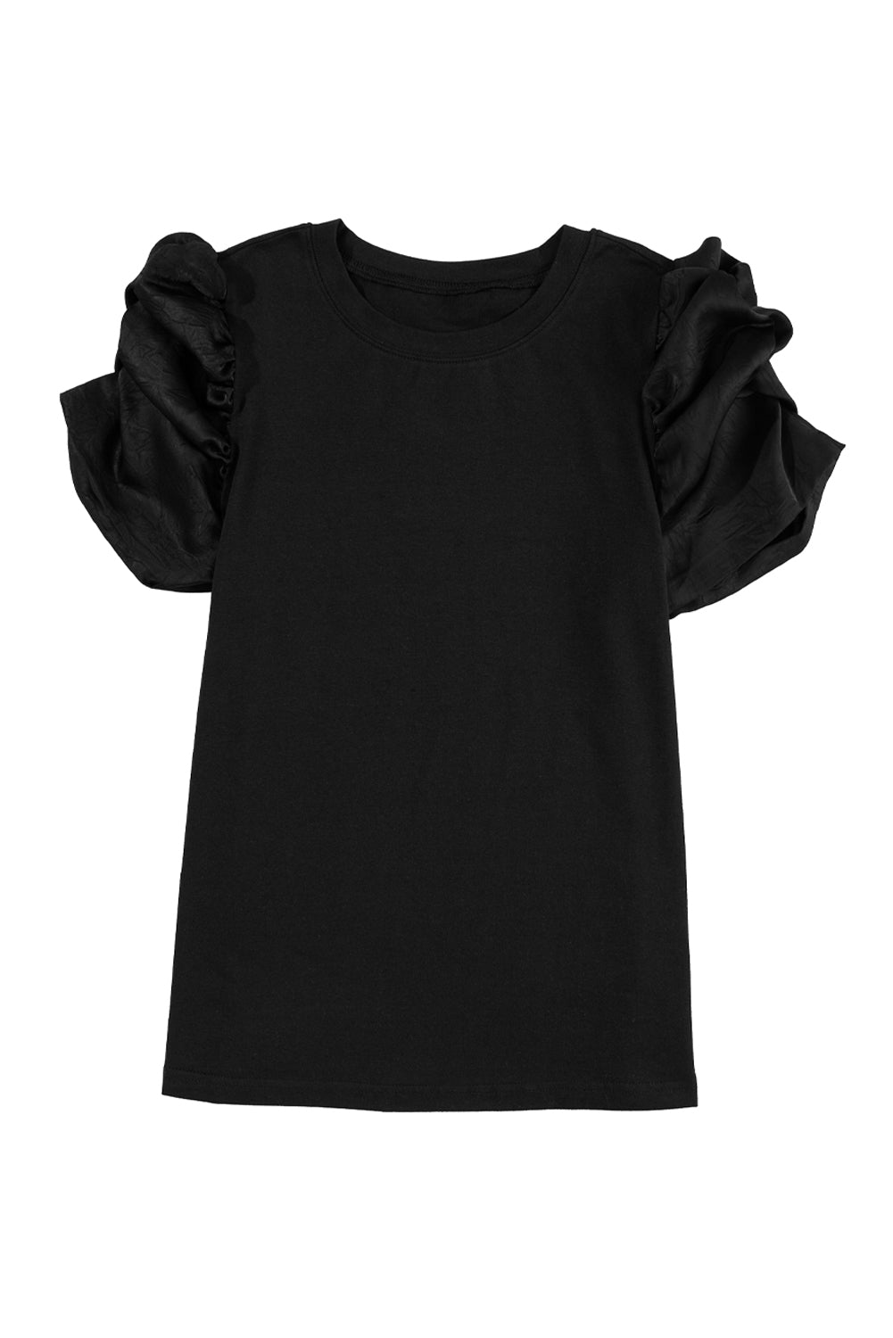 Black Ruched Puff Sleeve Solid Color Blouse