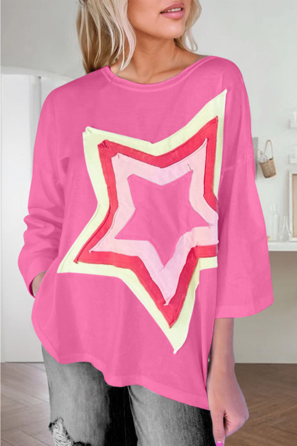 Moonlight Jade Colorblock Star Patched Half Sleeve Oversized Tee