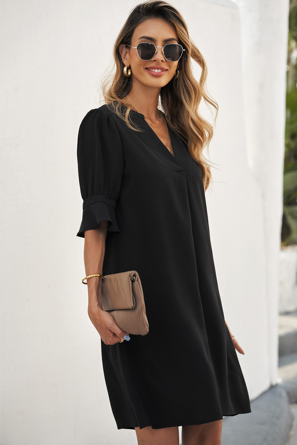 Black Split V Neck Short Sleeve Casual Tunic Dress