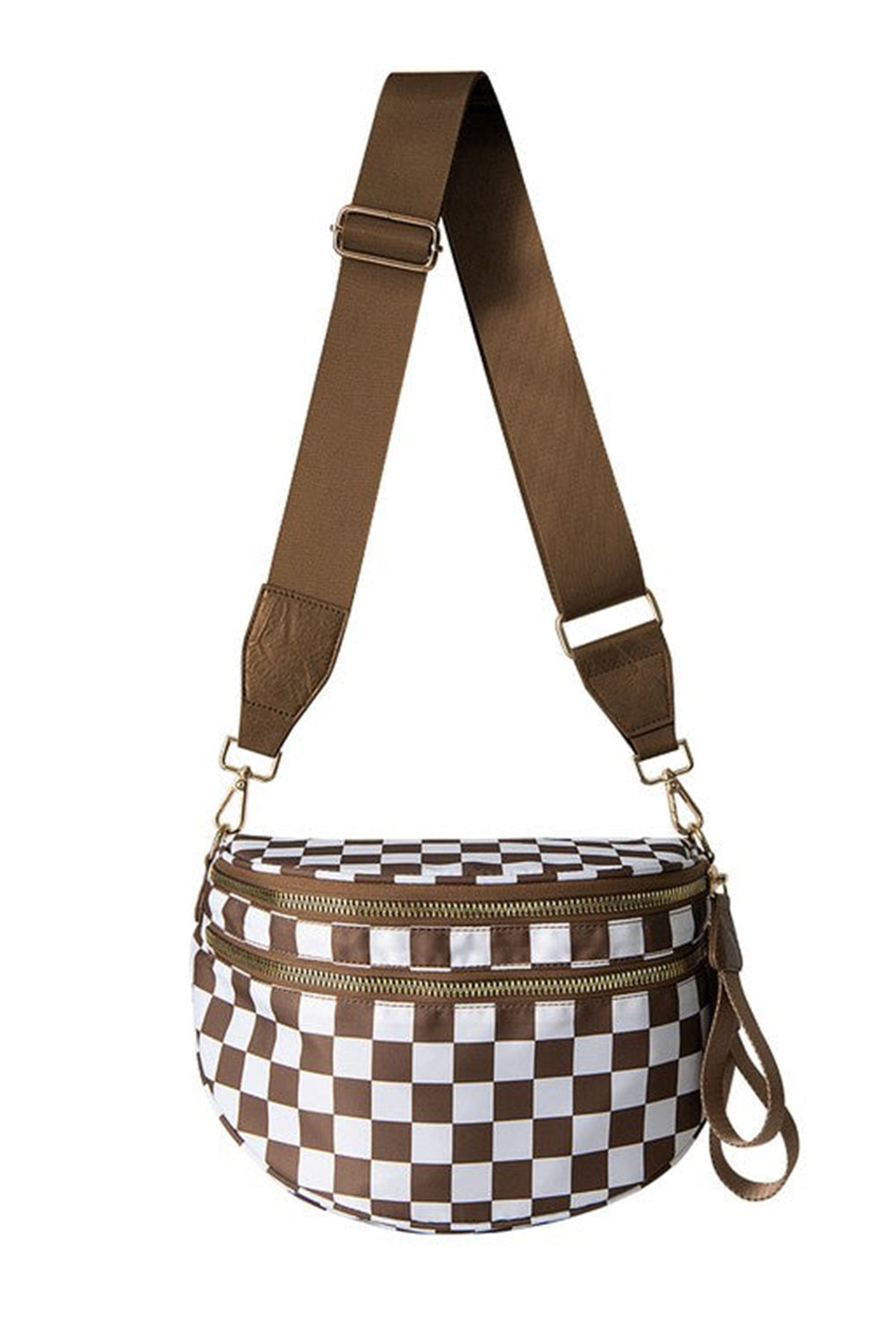 Black Checkered Print Wide Strap Large Crossbody Bag