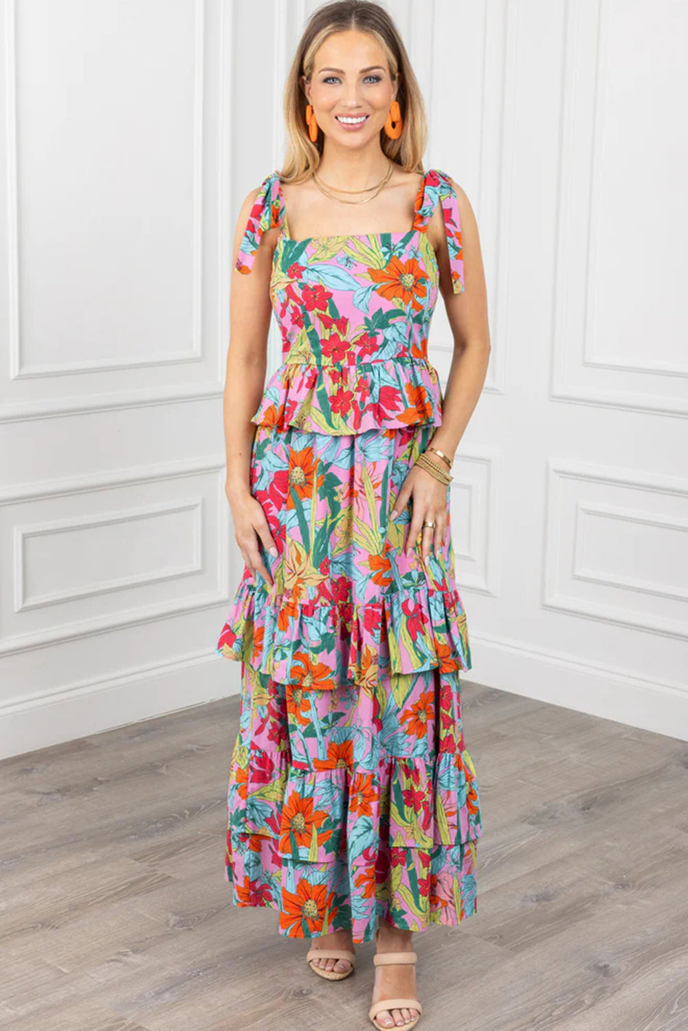 Multicolour Boho Floral Print Knot Strap Ruffle Layered Maxi Dress