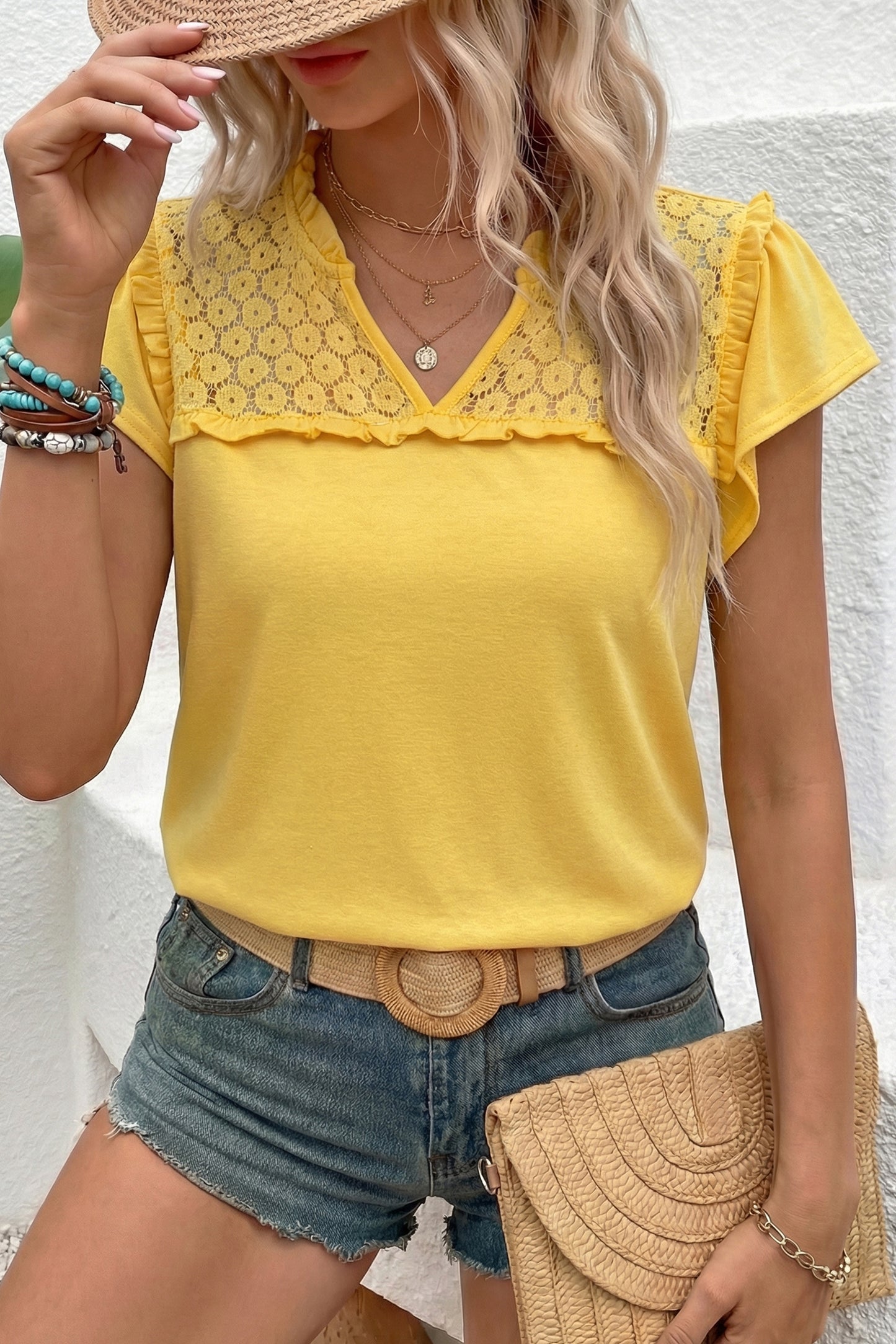 Dirty blue Sheer Lace Splicing Split Neck Ruffle Short Sleeve Blouse