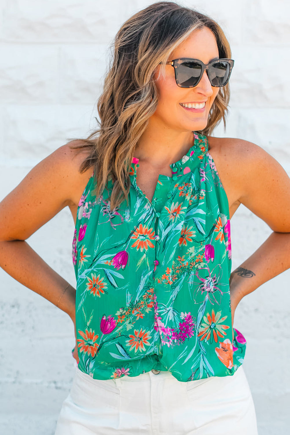 Bright Green Boho Floral Print Button Front Sleeveless Blouse