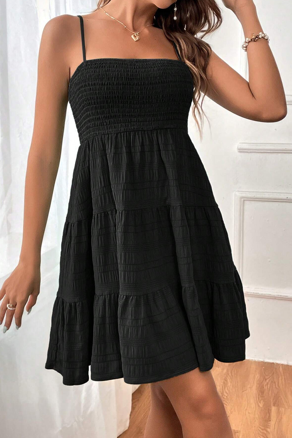 Black Smocked Textured Tiered Skater Cami Dress