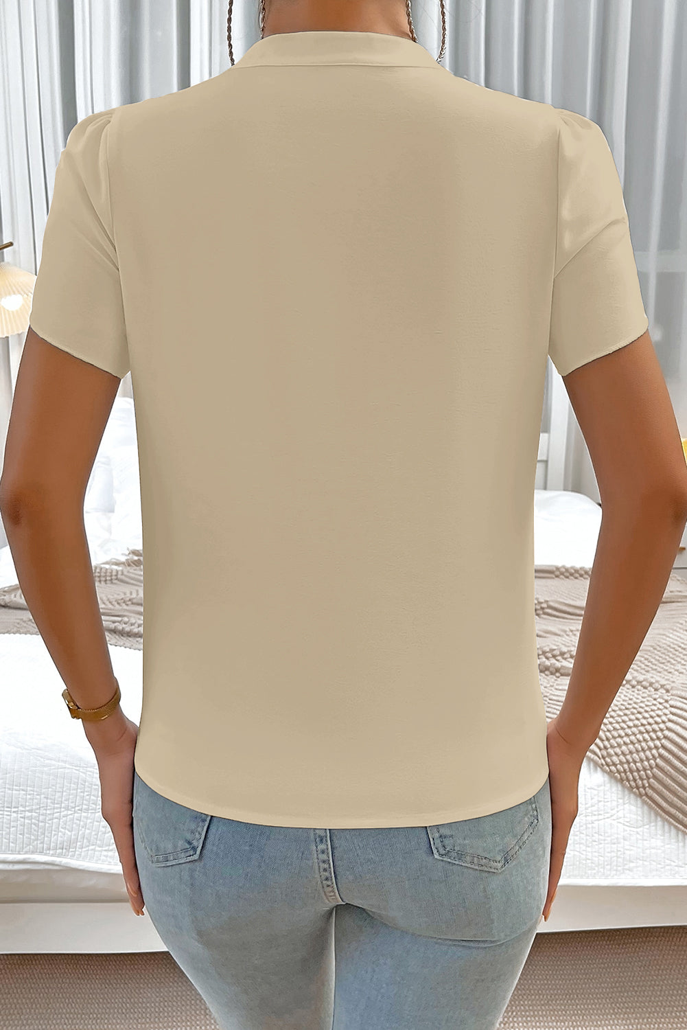 White Button Notched Neck Petal Sleeve Blouse