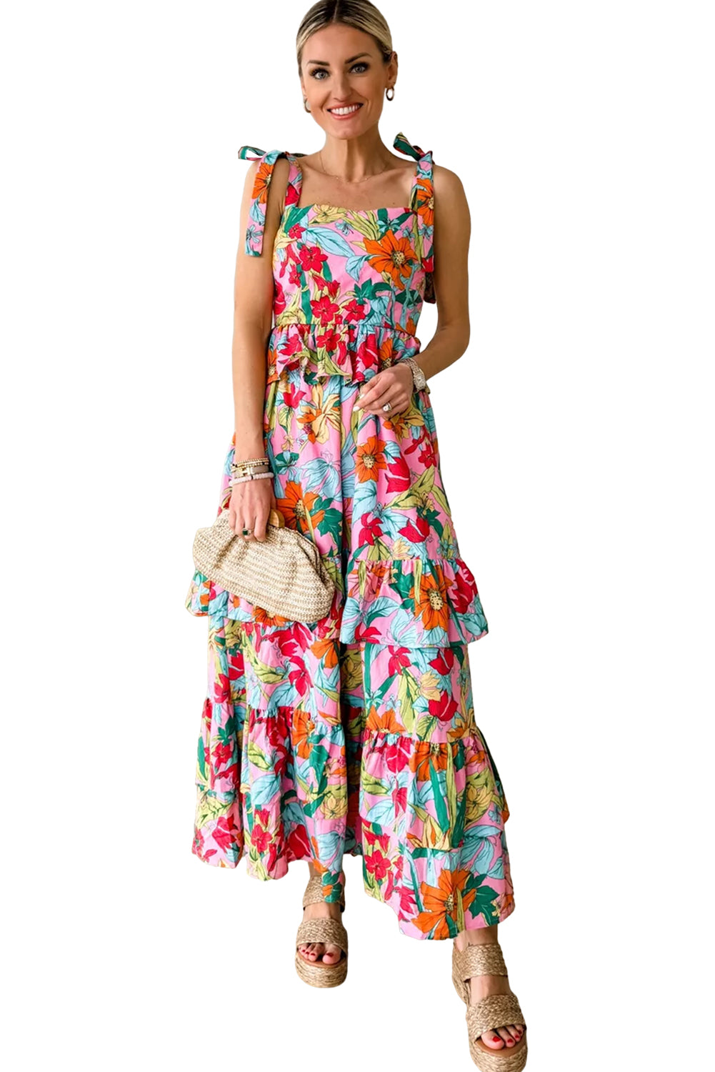 Multicolour Boho Floral Print Knot Strap Ruffle Layered Maxi Dress