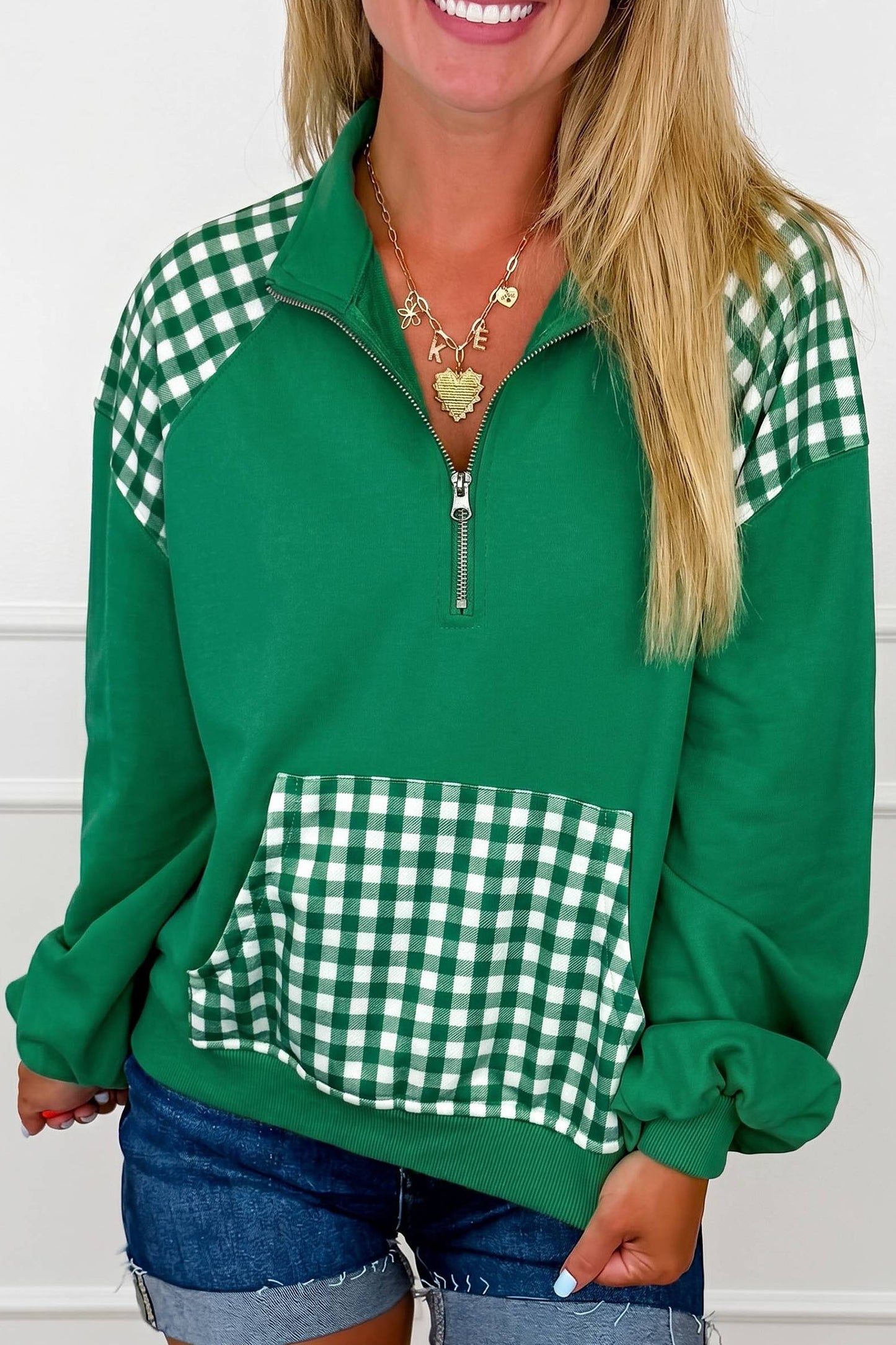 Dark Green Patchwork Plaid Pocket Quarter Zip Sweatshirt