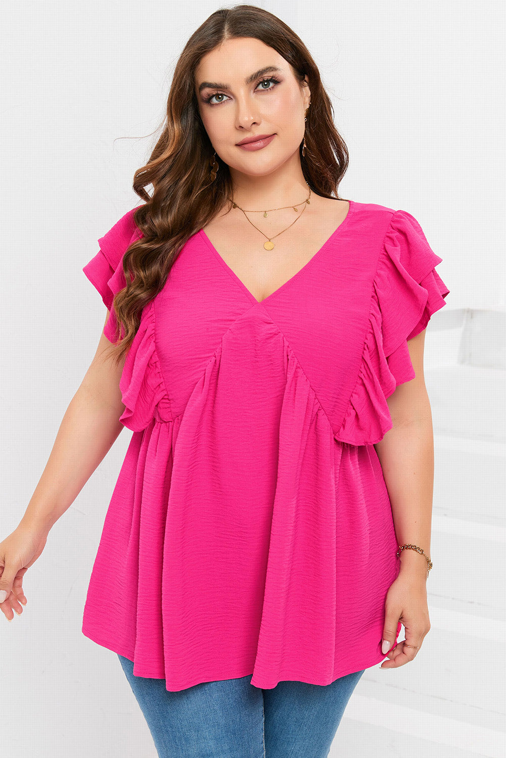 Pink Crinkle V Neck Tie Back Ruffle Plus Size Top