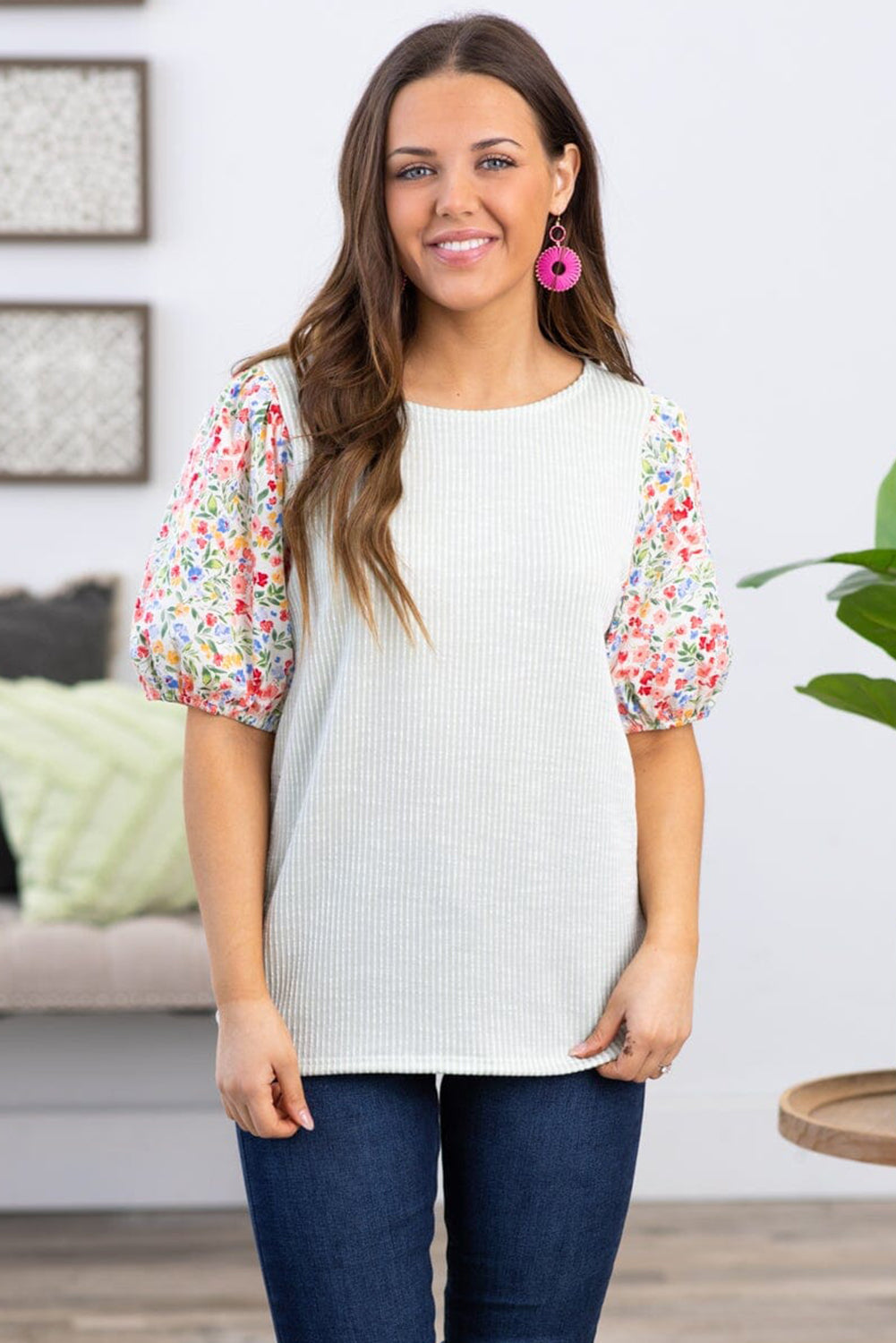 White Contrast Floral Puff Sleeve Ribbed Plus Size Blouse