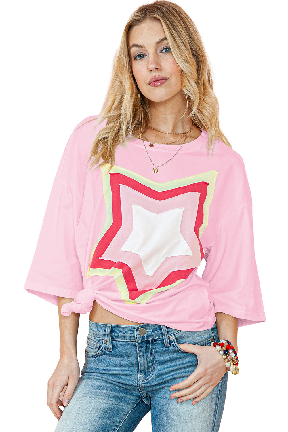 Moonlight Jade Colorblock Star Patched Half Sleeve Oversized Tee