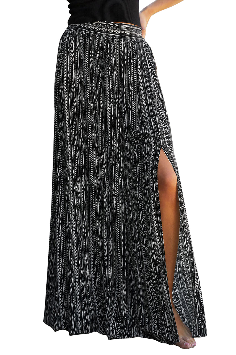 Black Striped Printed Slit Wide Leg High Waist Pants