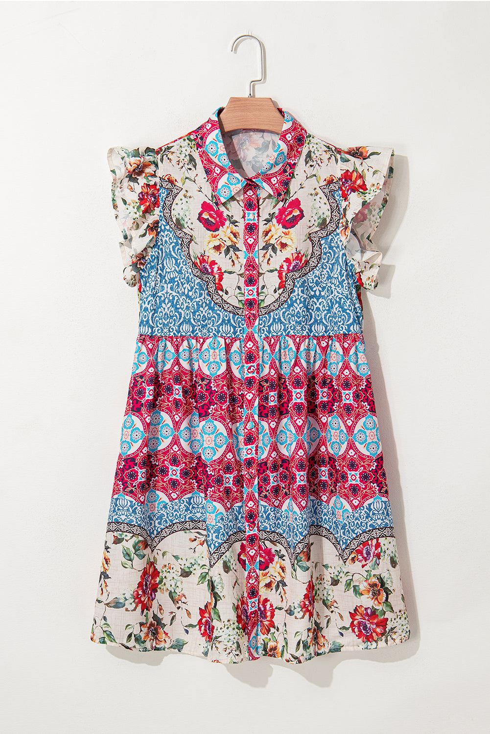 Rose Floral Ethnic Print Ruffle Mini Dress