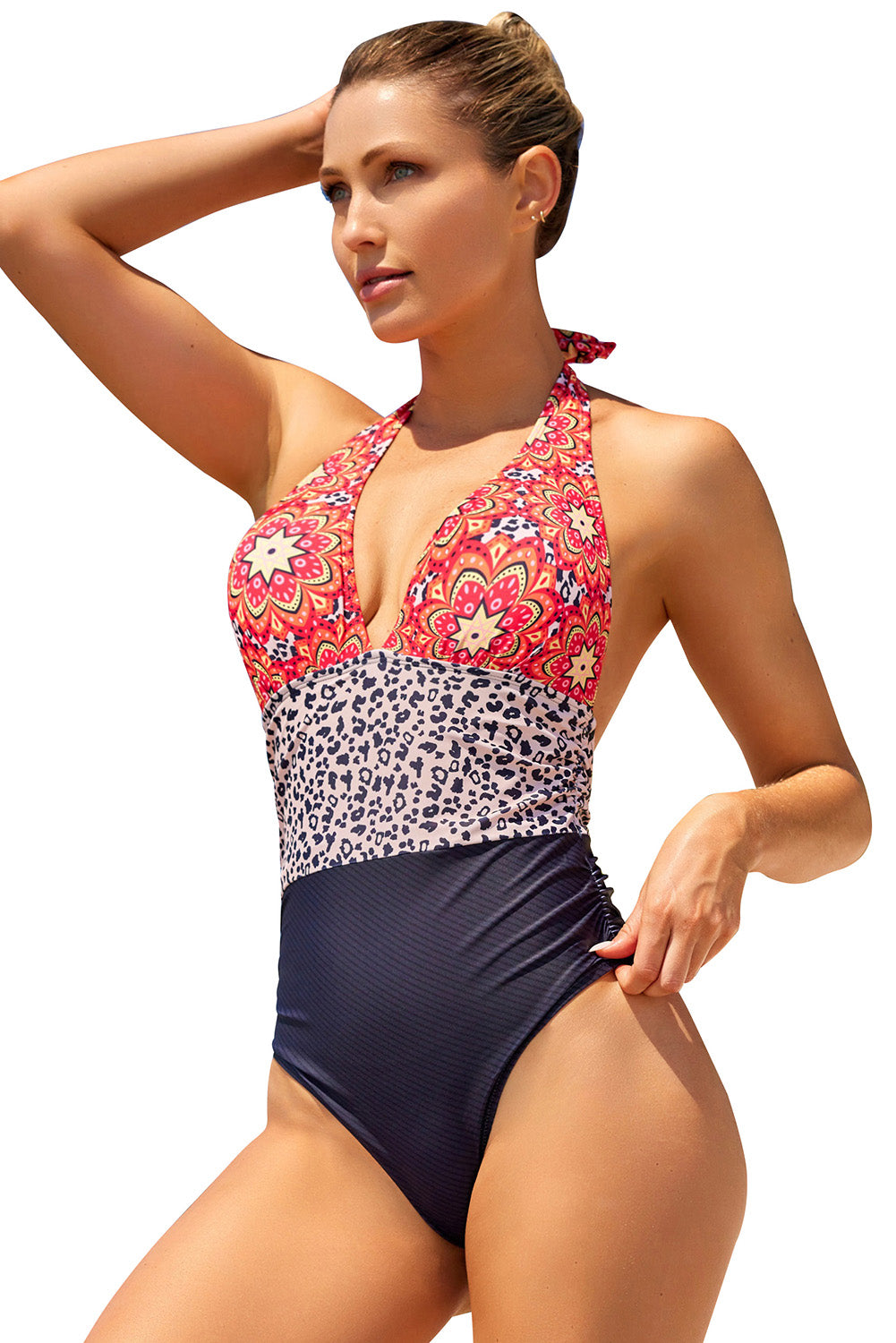 Multicolor Floral Leopard Halter Backless One Piece Swimsuit