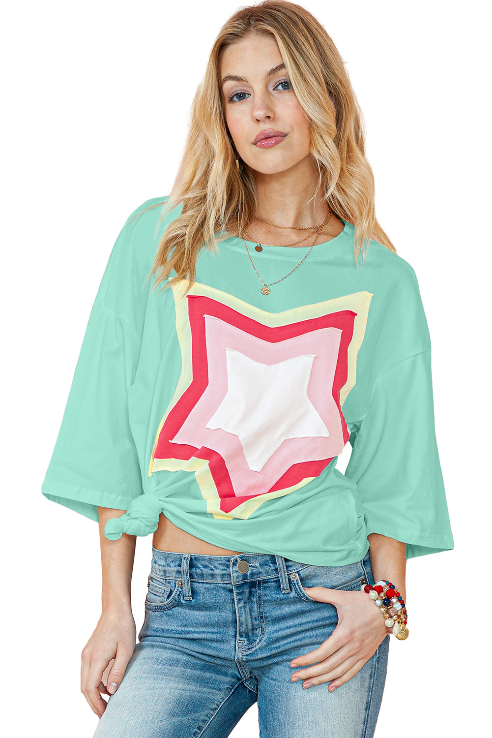 Moonlight Jade Colorblock Star Patched Half Sleeve Oversized Tee