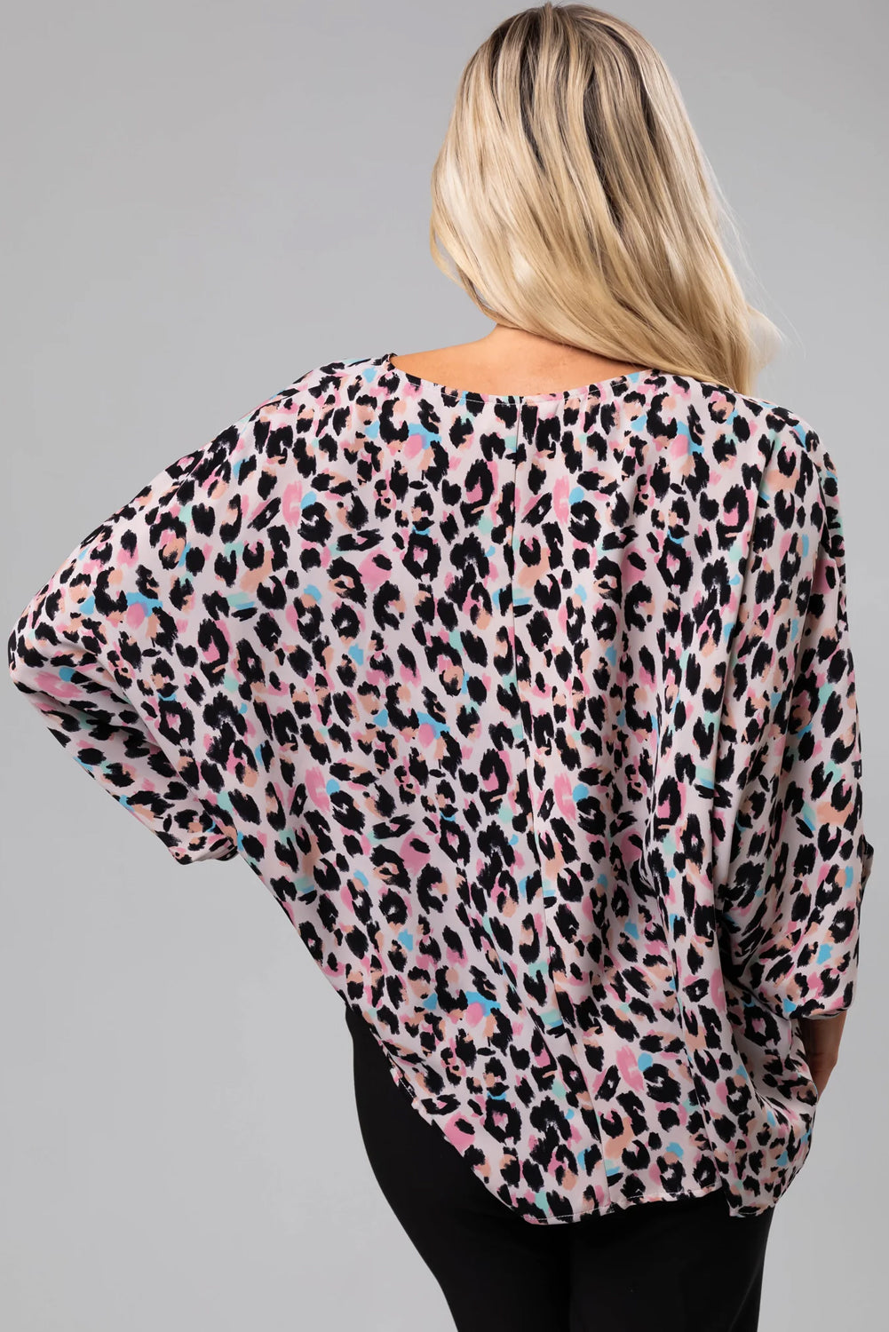 Brown Leopard Print V Neck Plus Size Batwing Top