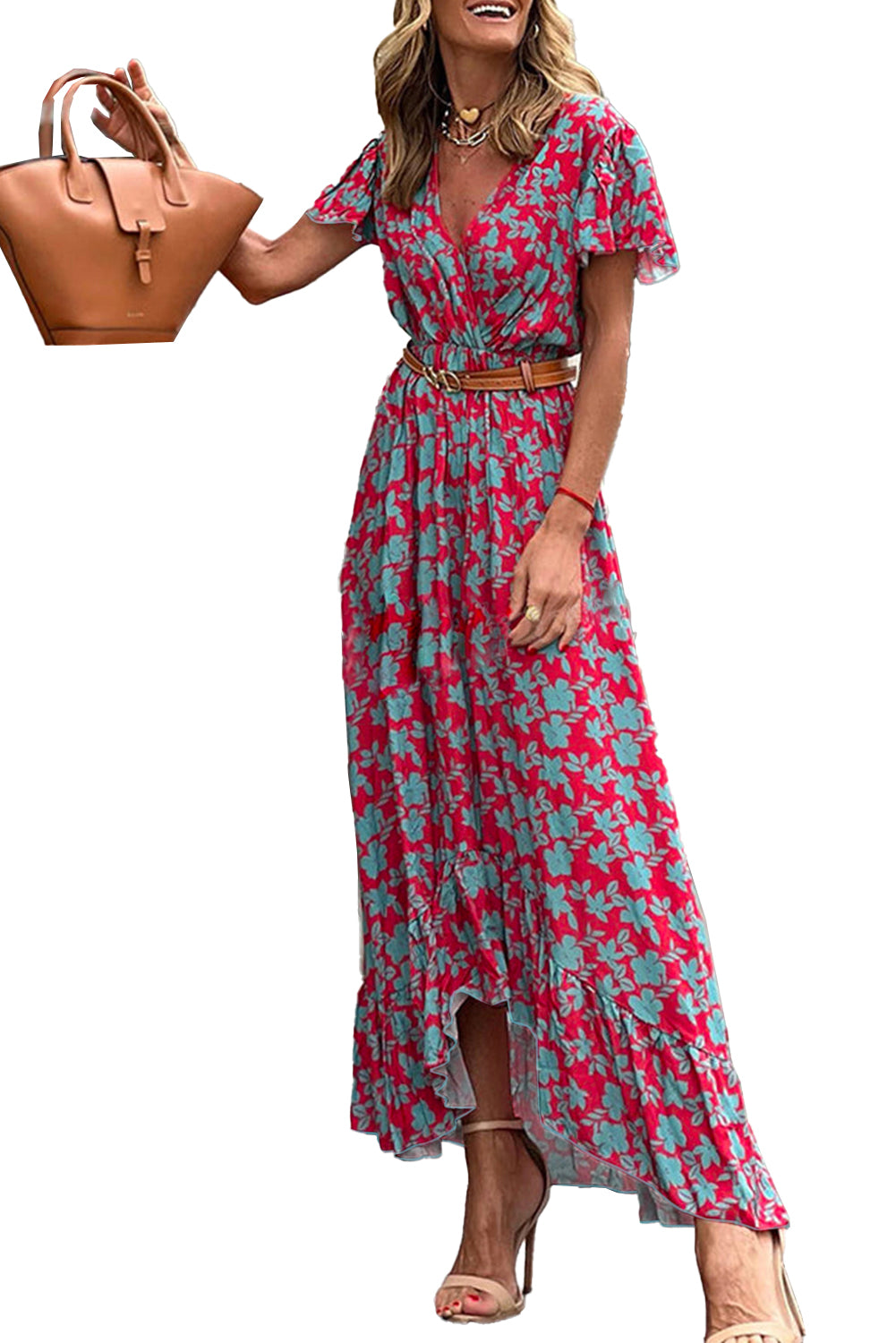 Red V Neck Flutter Sleeve Floral Print Ruffled Maxi Dress