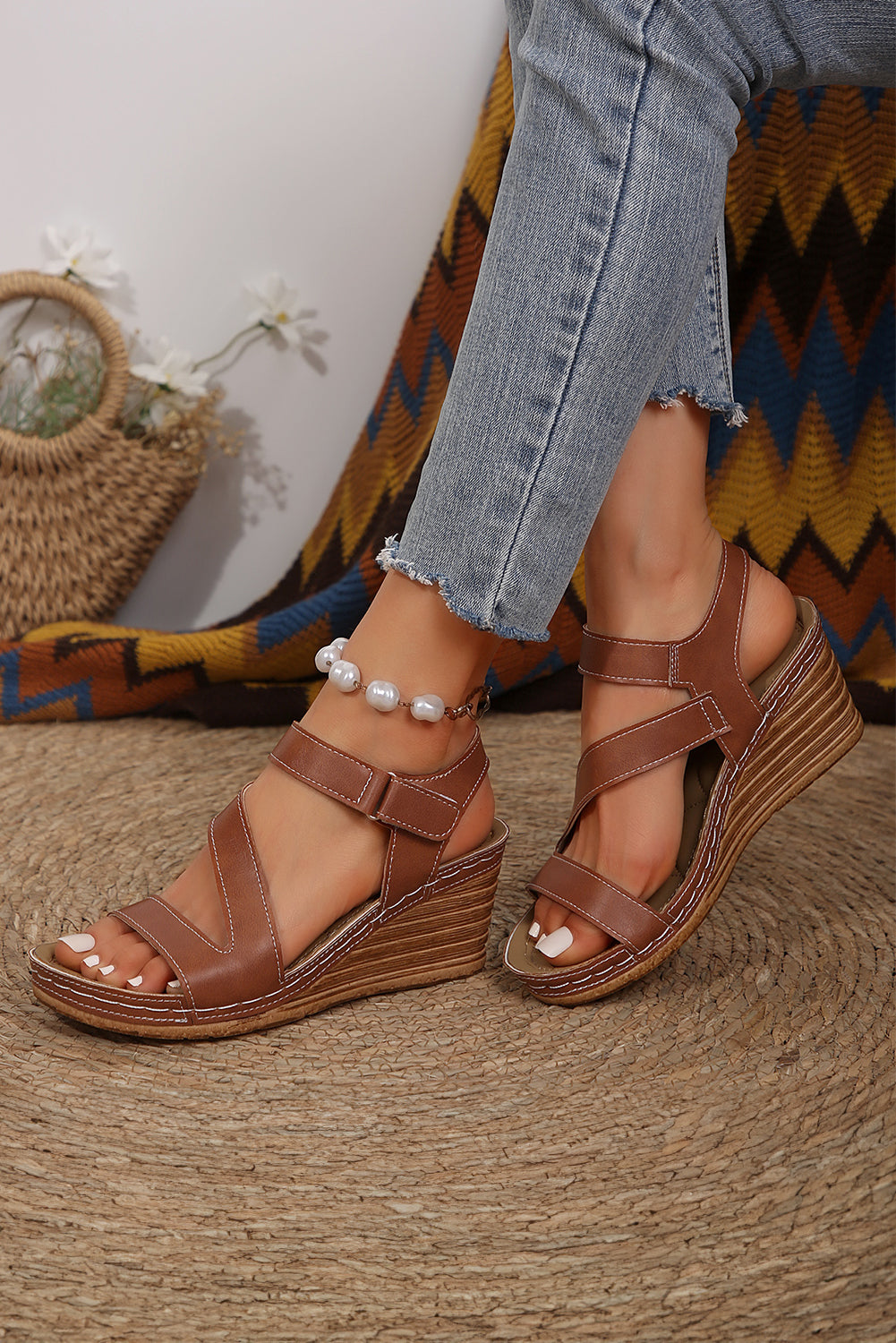 Chestnut Hollow Out PU Leather Wedge Sandals