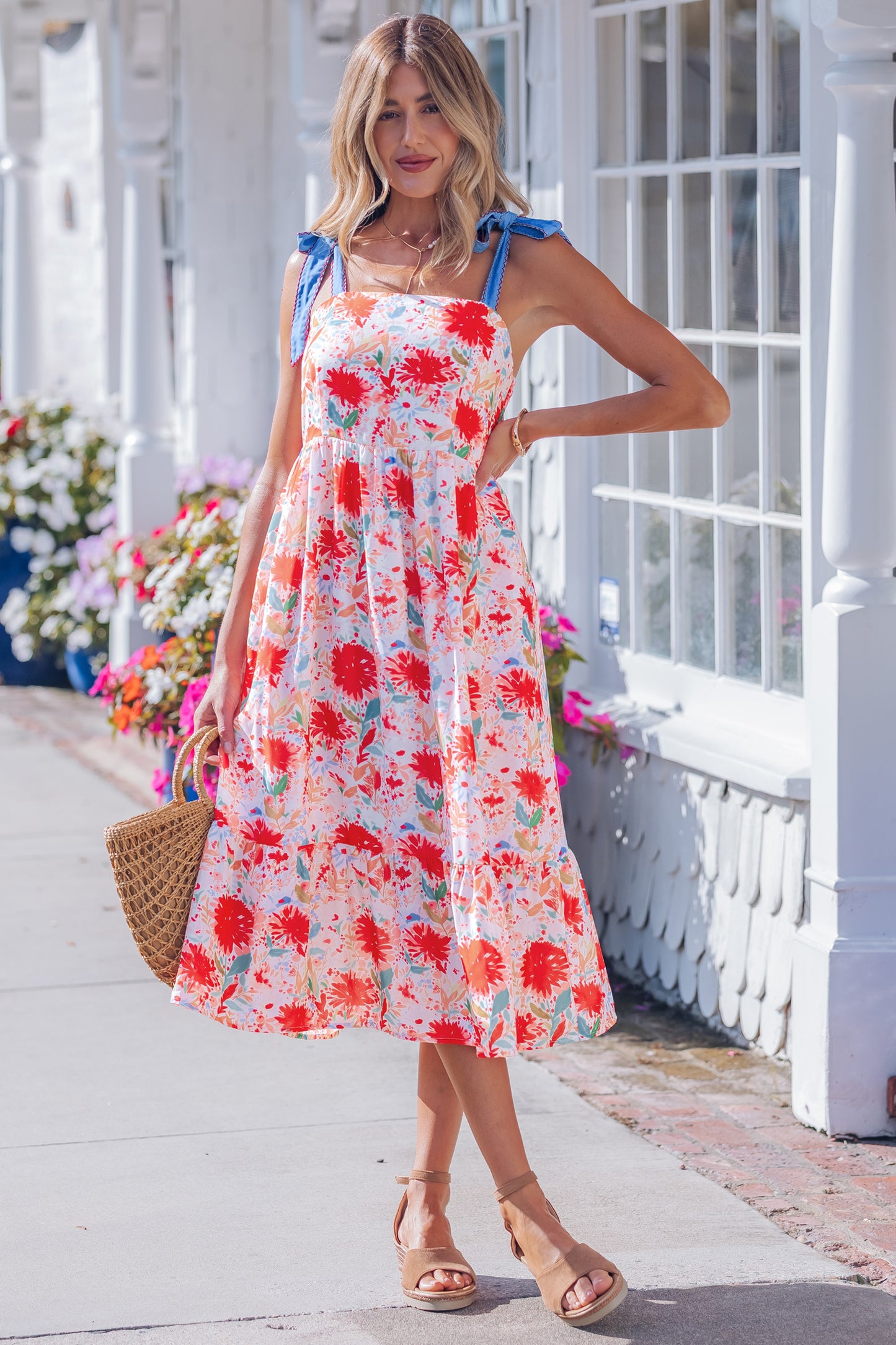 Yellow Floral Print Contrast Stitched Knot Denim Straps High Waist Dress