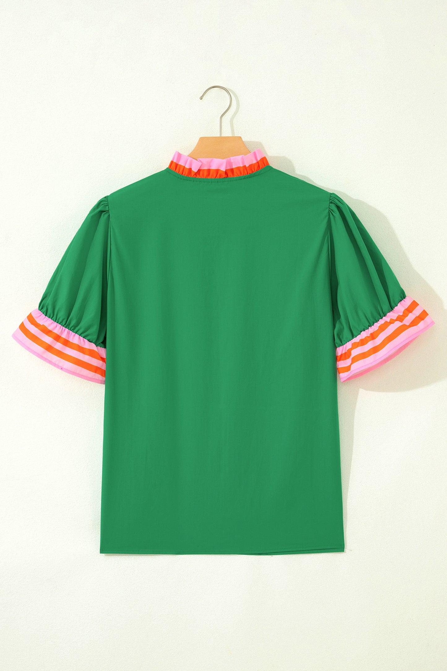 Fiery Red Striped Frilled Collar Ruffled Short Sleeve Blouse