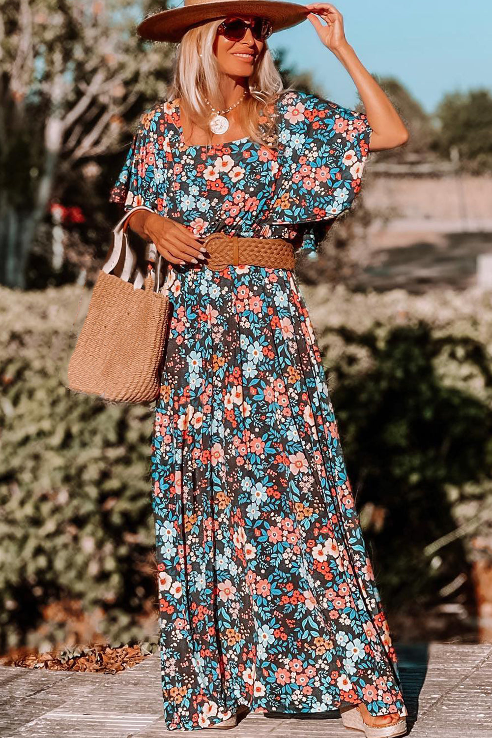 Sky Blue Boho Floral Print Knotted Backless Maxi Dress