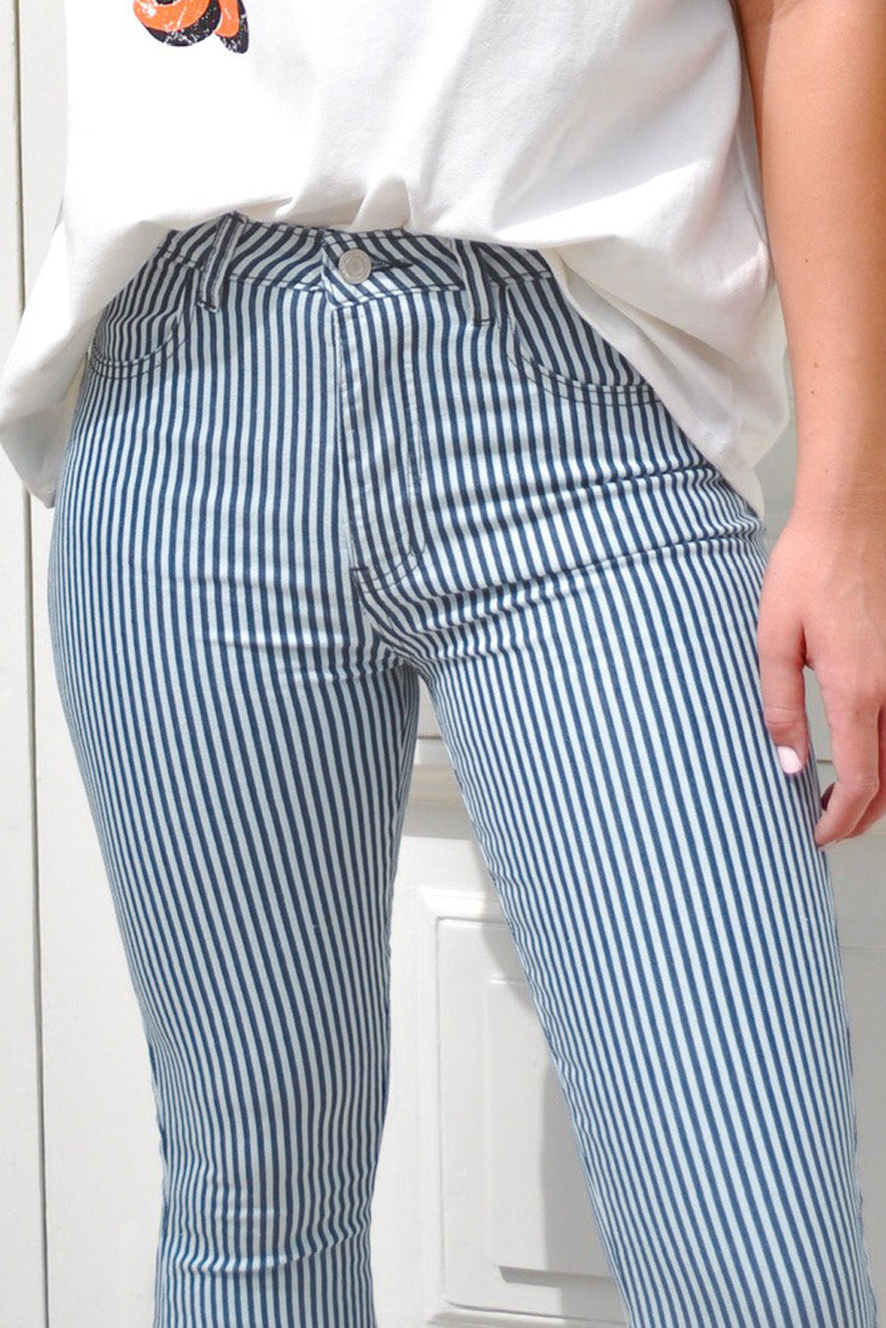 Light Blue Stripe Casual Mid Waist Bell Pants