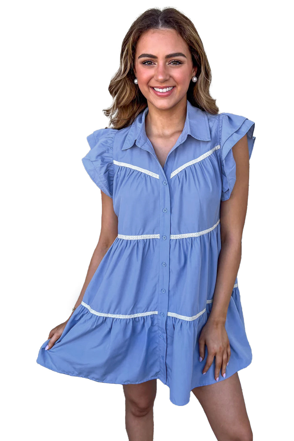 Wholesale Sky Blue Collared Ruffle Tiered Babydoll Dress