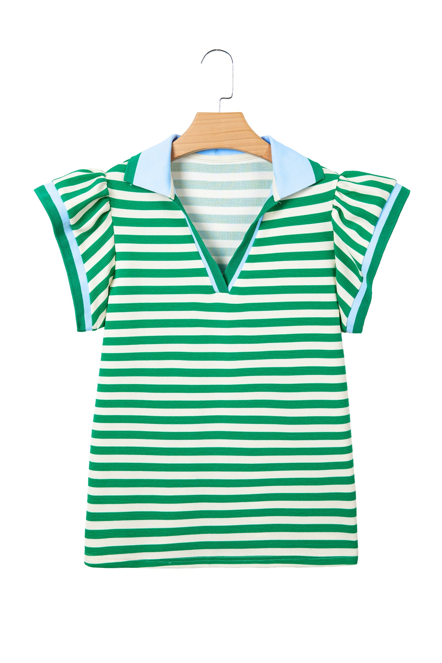 Green Stripe Contrast Trim Polo Collar Ruffled Short Sleeve Blouse