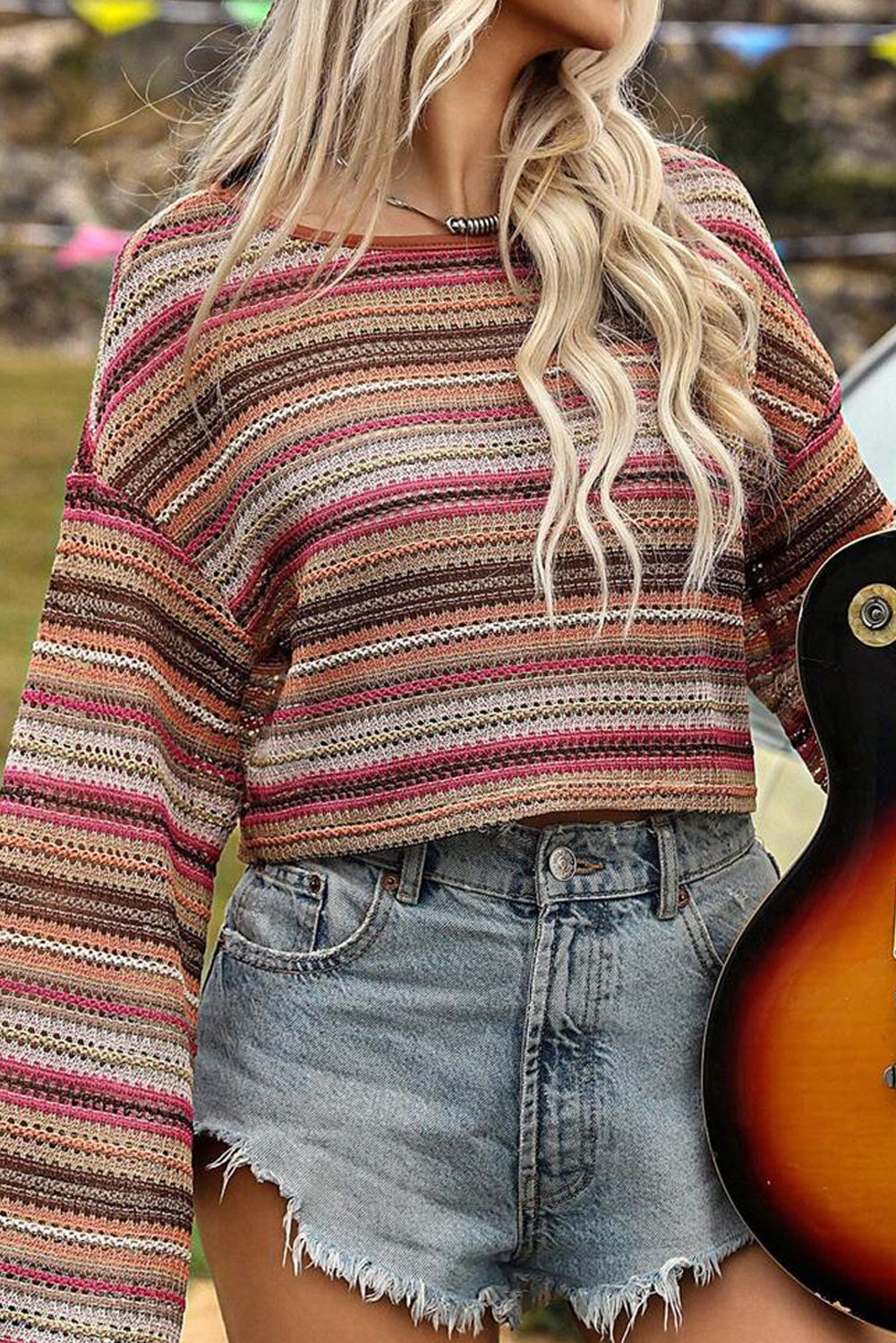 Rose Red Ethnic Striped Cropped Long Sleeve Top