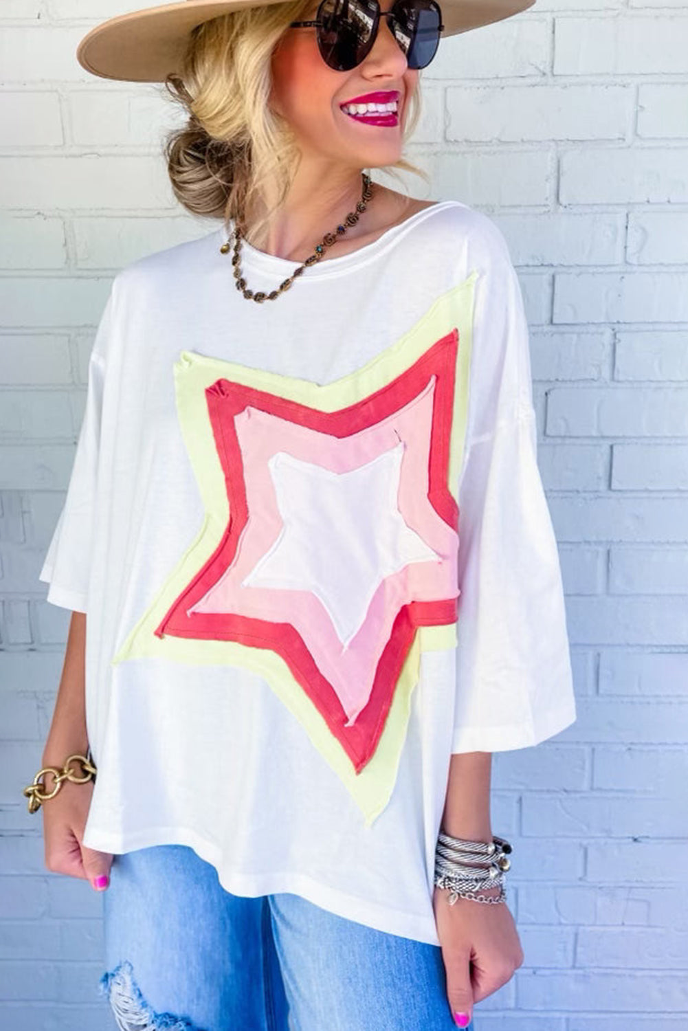 Moonlight Jade Colorblock Star Patched Half Sleeve Oversized Tee